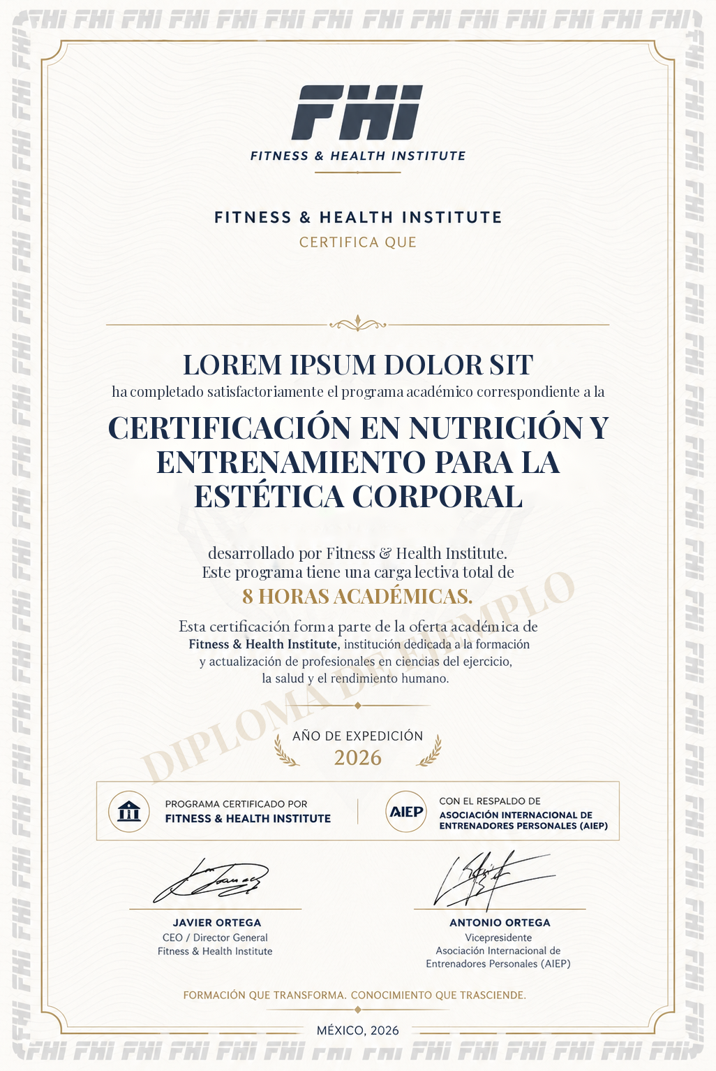 Ejemplo de diploma FHI de la Certificación en Nutrición y Entrenamiento para la Estética Corporal